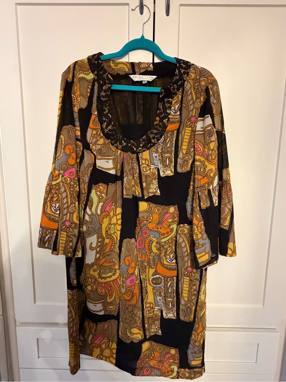 Trina Turk Black Dress with Gold, Orange & Pink Abstract Print